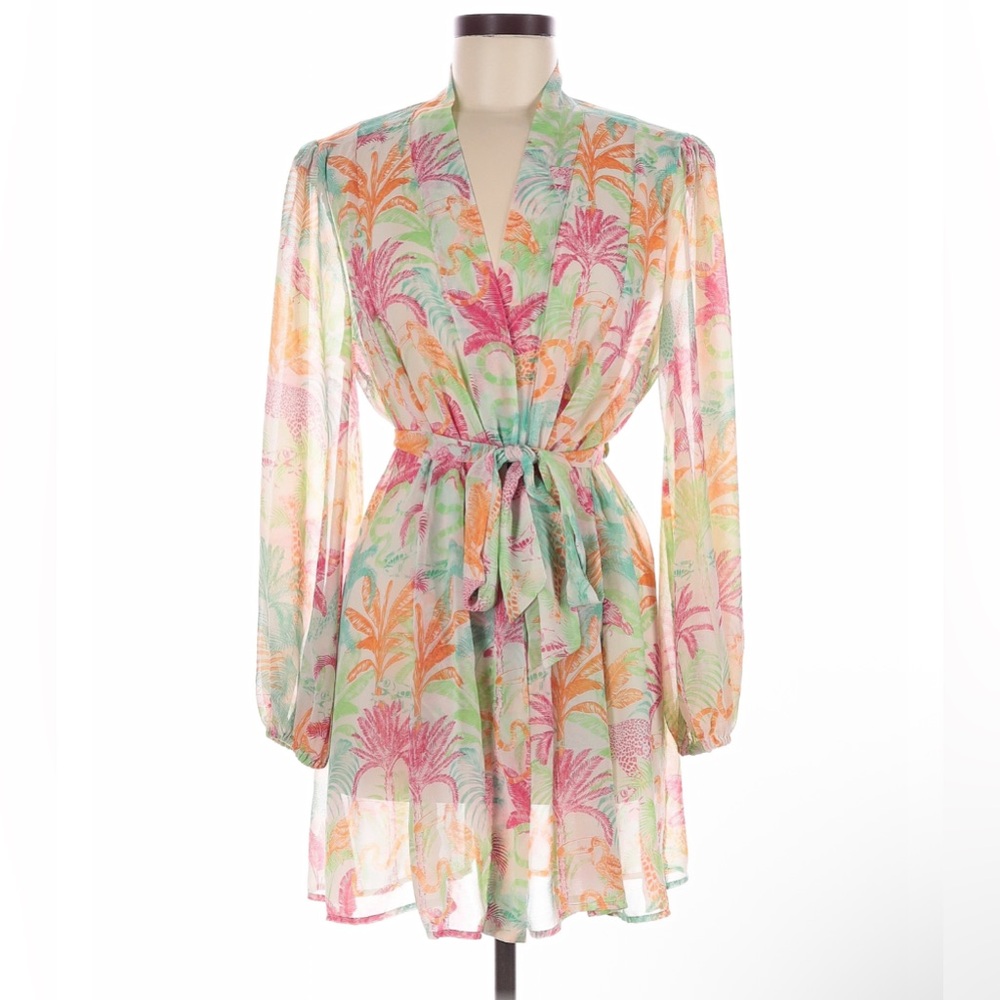 CABI Sunset kimono coverup jungle tropical print tie front beach vacation